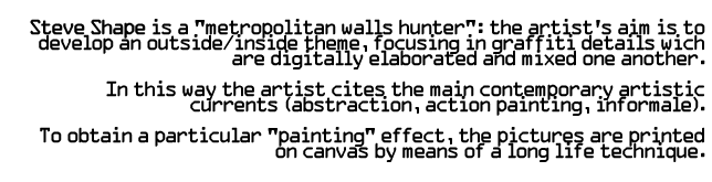 Steve Shape is a "metropolitan walls hunter": the artist's aim is to develop an outside/inside theme, focusing in graffiti details wich are digitally elaborated and mixed one another. In this way the artist cites the main contemporary artistic currents (abstraction, action painting, informale). To obtain a particular "painting" effect, the pictures are printed on canvas by means of a long lasting technique.